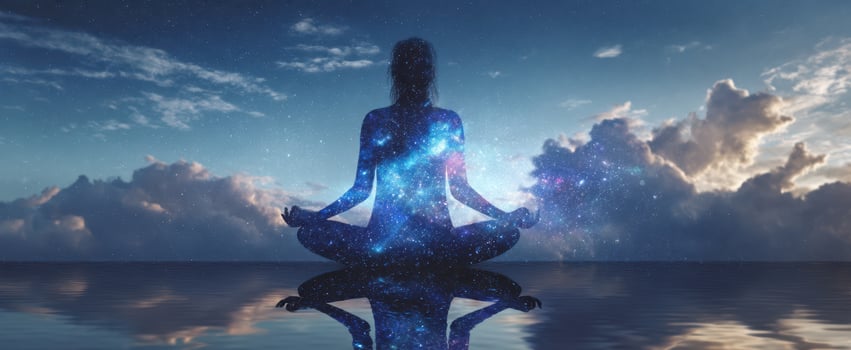 The serene figure meditating in a cosmic universe reflecting on tranquil water photo