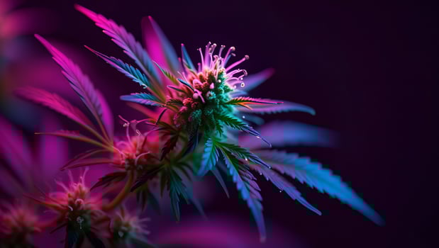 Flowers Background Vibrant Cannabis Plant Close Up Pink and Blue Neon Lights Detailed Marijuana Bud photo