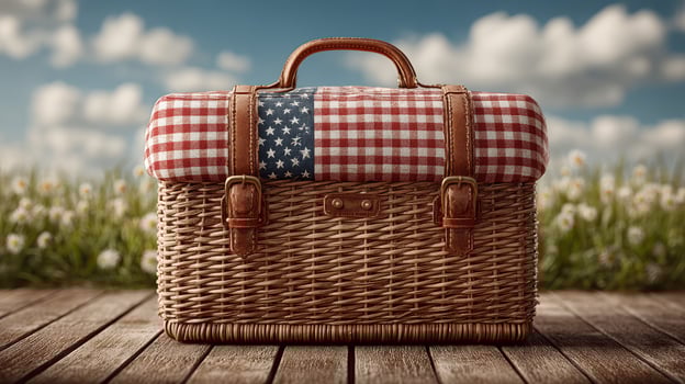 Woven picnic basket adorned with American flag design against a sunny outdoor backdrop photo