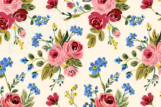 Flowers Background Vibrant Floral Seamless Pattern Pink Roses Blue Forget Me Nots and Yellow Accents on Cream photo