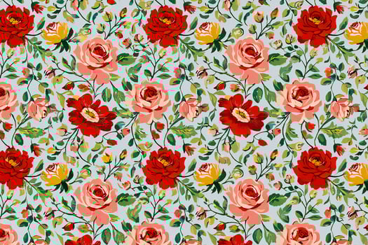 Flowers Background Vibrant Vintage Floral Pattern Seamless Red Pink Yellow Roses on Light Blue Background Textile photo