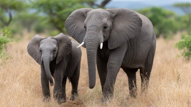 Two elephants are walking together in the grass photo
