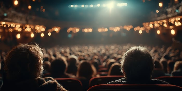 Audience enjoys a performance in a large theater decorated with warm lighting during an evening show photo