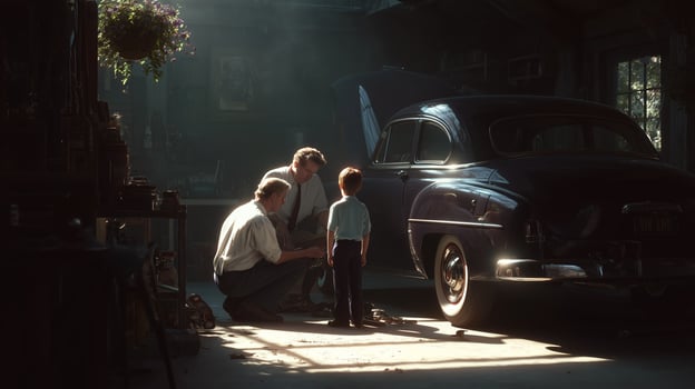 Father and son work on classic car in garage during golden hour light photo