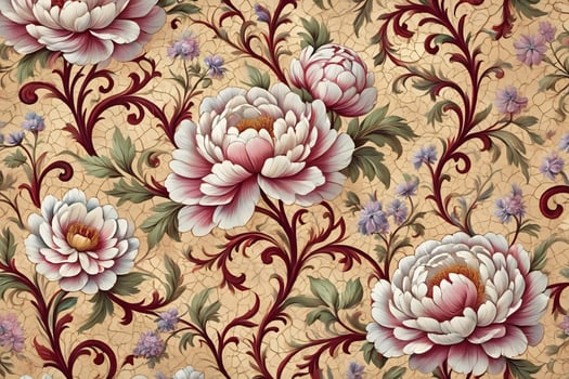 Flowers Background Elegant Floral Pattern Vintage Peonies and Baroque Scrolls on Beige Crackle Background photo