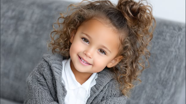 A little girl with curly hair sitting on a couch photo