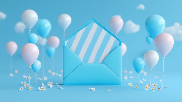 Celebratory envelope surrounded by balloons and flowers in a bright blue setting photo