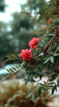 A red flower on a tree branch photo