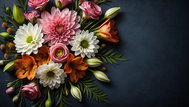 Flowers Background Vibrant Spring Flower Bouquet Dahlias Chrysanthemums Alstroemeria Ranunculus on Dark Background photo
