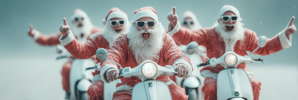 Group of cheerful Santa figures riding scooters in a festive winter setting during the holiday season photo