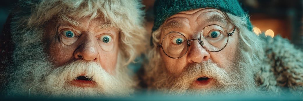 Two excited characters with white beards and glasses look at something surprising during a festive celebration at night photo