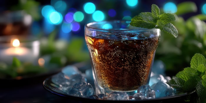 Refreshing drink with mint leaves served on ice with a blurred blue background during evening time photo