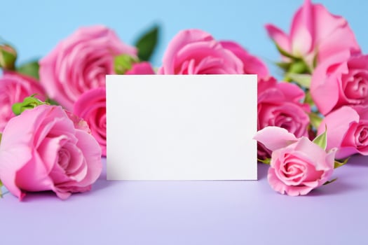 Flowers Background Blank Card Mockup with Pink Roses Romantic Floral Background Perfect for Invitation or Greeting photo