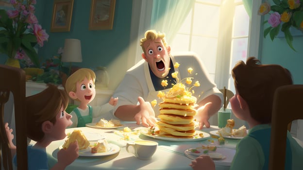 Family breakfast moment with dad serving stacked pancakes to excited kids in a bright kitchen photo