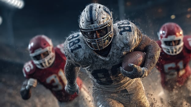 Intense football clash features a player breaking through defenders during a stormy night game on the field photo