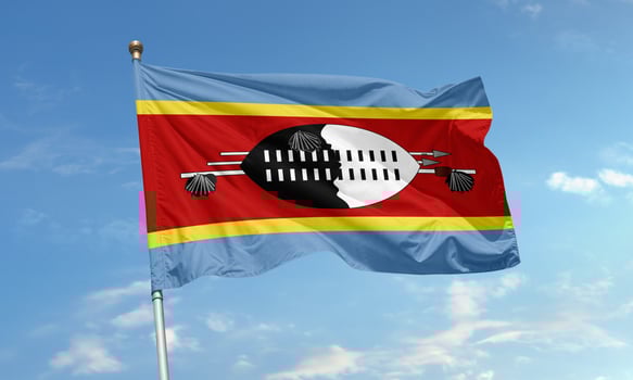 Eswatini national flag with shield and spears photo