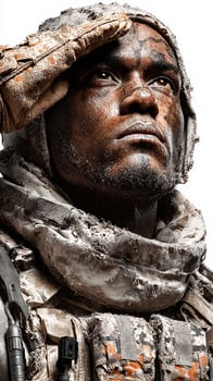 Military soldier salutes with determination in a snowy environment during a winter exercise photo