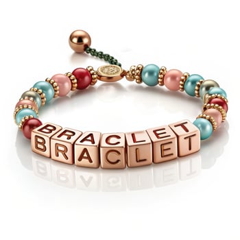 Colorful bracelet with letter beads spelling on a shiny white background with copy space photo