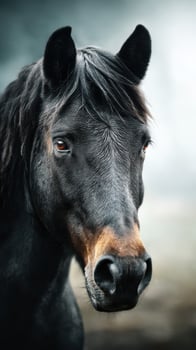 Majestic black horse stands proudly in soft light, showcasing its beauty and grace in the early morning fog photo
