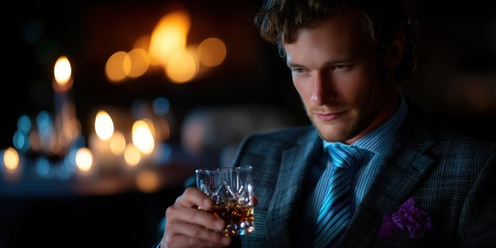 Elegant man enjoys whiskey by a cozy fireplace in an intimate setting during a winter evening photo