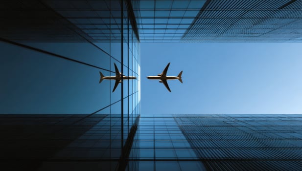 Airplane Flying Above Buildings A Journey Through the City Skies Today photo