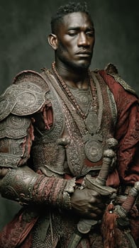 Warrior in intricately crafted armor poses confidently against a dramatic backdrop during a captivating photoshoot photo