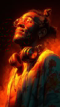 Portrait of a man enjoying music with headphones and sunglasses in a vibrant atmosphere illuminated by orange and red tones photo