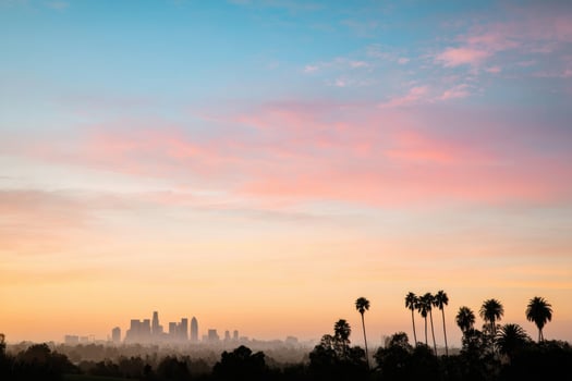 Los Angeles City Skyline Sunrise in the Distance with Clouds Above Trees photo