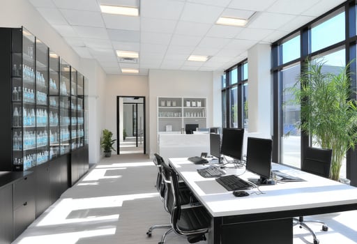 Modern Office Space Interior Design with Natural Light and Clean Aesthetics photo