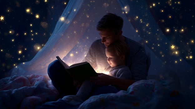 Father and child share a cozy reading moment under a starry night sky with soft lighting photo