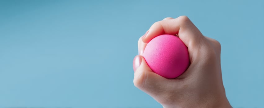 The hand gripping a vibrant pink stress ball against a soft blue background. photo