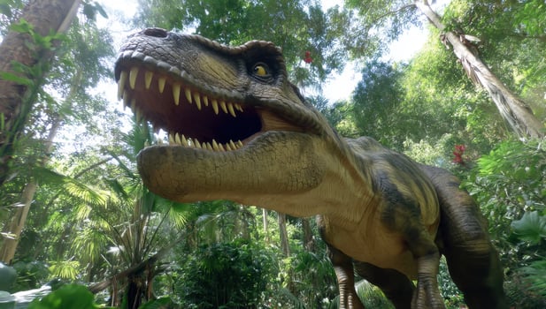 The Majestic Tyrannosaurus Rex Roams in a Lush Prehistoric Jungle Scene photo