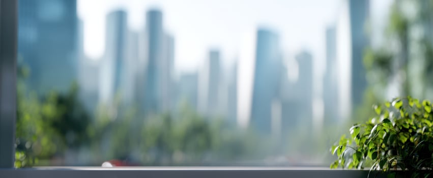 The serene view of lush plants against a blurred city skyline. photo