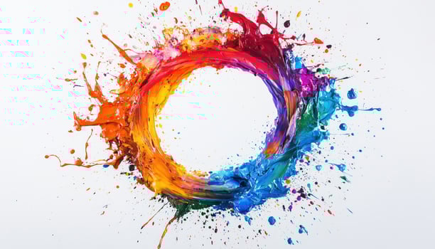 Abstract Design. White Background With Colorful Splashes In Circular Formation, Creating A Visually Striking And Dynamic Composition. Perfect For Adding A Pop Of Color photo