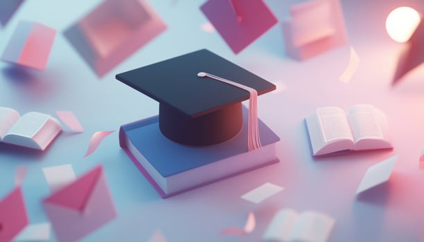 Diploma And Graduation Cap With Book Floating On A Pastel Background. Quality Courses, Exam Education, Information Warranty, Knowledge Assurance, Guarantee. photo
