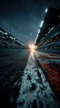 Race track at sunset highlighting wet pavement and bright lights during a motorsport event photo