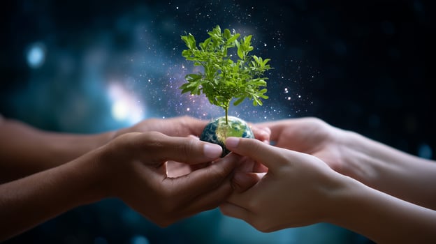 People holding a small globe with a green plant growing from it, symbolizing care for the environment and sustainability in nature photo