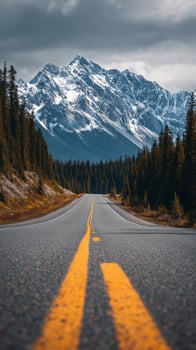 Majestic Mountain Road Under Cloudy Skies With Snow-Capped Peaks Visible in the Background. photo