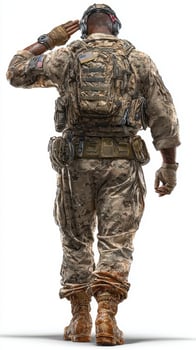 Soldier saluting in military uniform with tactical gear in a neutral background photo