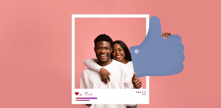 A young couple smiles brightly while posing against a colorful background. They celebrate moments of happiness with a thumbs up, symbolizing positivity in online content creation and connection. photo