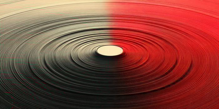 Swirling patterns of a vinyl record showcasing black and red colors with a central label during a close-up view photo