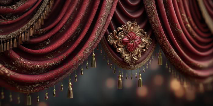 Luxurious red curtains with golden embellishments hang elegantly in a grand interior setting during an evening event photo