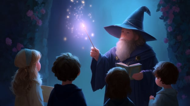 Wizard teaches magical spells to eager children in an enchanted forest at twilight photo