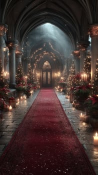 Elegant Christmas evening in a grand hall decorated with festive lights and evergreen trees photo