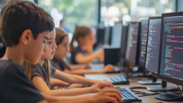 Focused children learning computer programming. photo