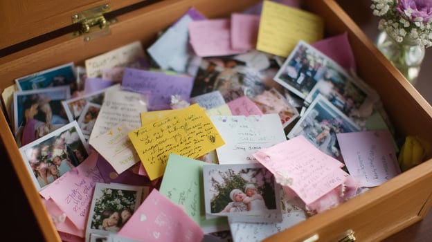 Memories captured in a wooden box filled with notes and photographs from cherished moments shared among friends and family photo