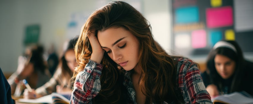 The thoughtful student immersed in study struggles with her concentration in class. photo