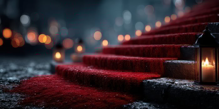 Elegant red carpet leading up stone steps with glowing lanterns, creating a dramatic atmosphere at night photo