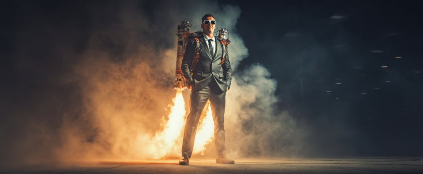 The Businessman with a Jetpack Soaring Through Smoke and Flames photo