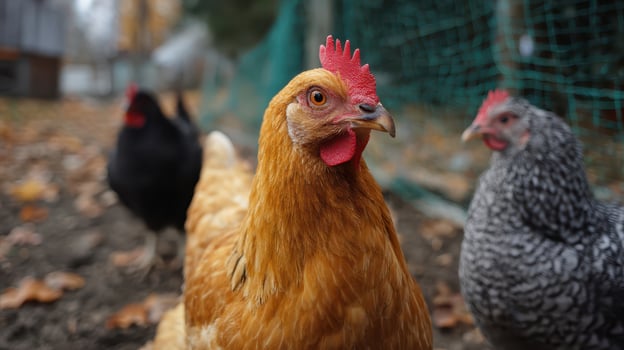 Close-up of a Rooster in a Farmyard Setting photo